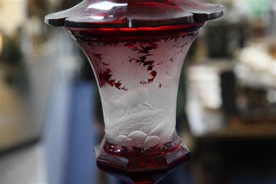 A large Bohemian ruby-stained glass cup and cover, mid 19th century, height 51 cm, finial re-fixed, shallow chips